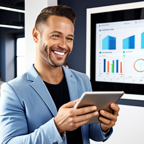 **New Investor Confidence:** A beginner investor smiling confidently while reviewing investment charts on a tablet. Background shows a modern co-working space with diverse people.