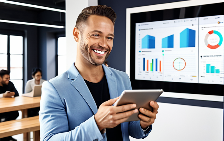 **New Investor Confidence:** A beginner investor smiling confidently while reviewing investment charts on a tablet. Background shows a modern co-working space with diverse people.