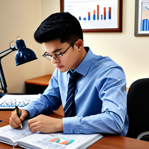 Home 19 **Prompt:** A student studying finance books at a desk, surrounded by study materials and charts, fully clothed, appropriate attire, safe for work, perfect anatomy, natural proportions, professional setting, bright and focused atmosphere.